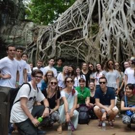 A group of volunteers in Cambodia visit the famous Angkor Wat temple over a weekend.
